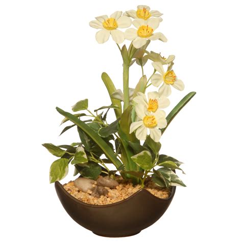 9" White Narcissus Artificial Plant with Brown Bowl Planter | Christmas ...