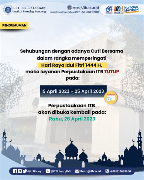 Pengumuman Libur Layanan Perpustakaan Dalam Rangka Hari Raya Idul Fitri 1444 H Perpustakaan Itb