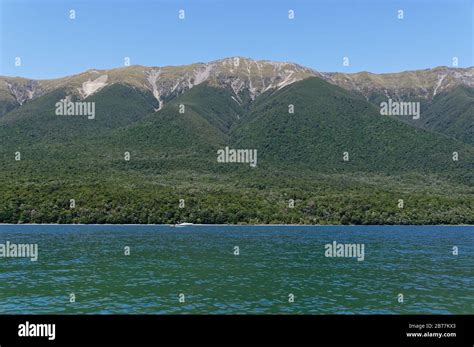 A Mountainous Backdrop To New Zealand S Lake Rotoiti Stock Photo Alamy