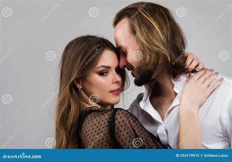 Portrait Loving Couple Embracing Man Kisses Sensual Woman Couples Lovers In Tender Passion