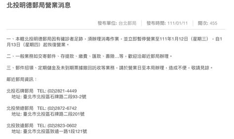 確診者足跡到過！北投明德郵局實施消毒 今暫停營業1天 疫情聚焦 生活 Nownews今日新聞