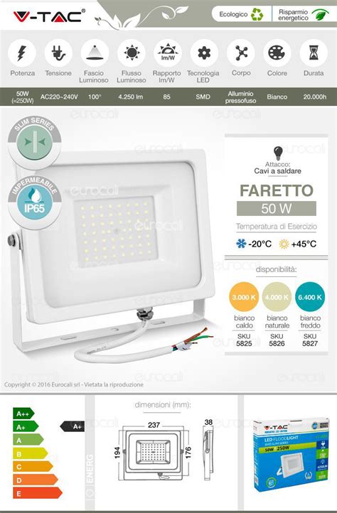 VT 4955 V Tac Faretto LED SMD 50W Sottile Da Esterno Bianco