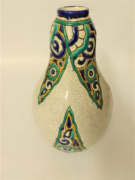 Art Deco Keramikvase Dec Mit Polychromer Geometrischer Dekoration Von