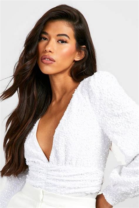 Tops Tall Sequin Velvet Plunge Bodysuit Boohoo