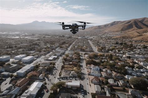 Premium AI Image | View of town with drone flying above and capturing ...