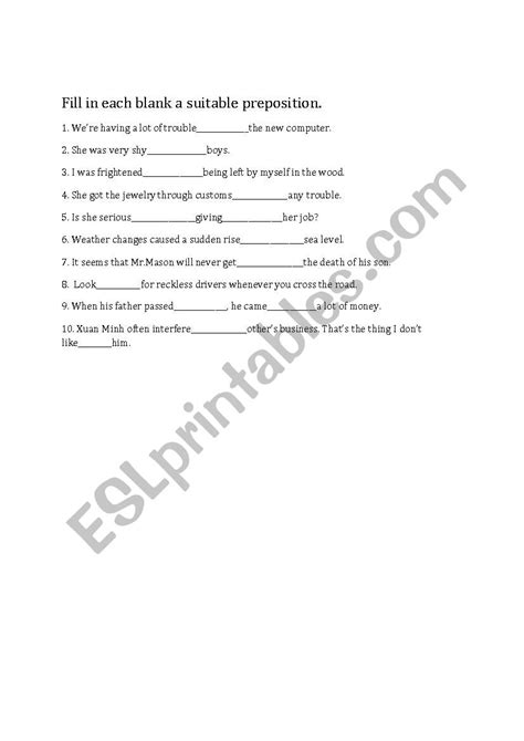 Fill In The Blanks With Suitable Prepositions Worksheets Pdf