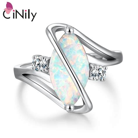 Cinily Authentic Sterling Silver Created White Fire Opal Rings