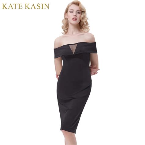 Kate Kasin Knee Length Dress 2018 Summer Off Shoulder Short Sleeve Sexy Slash Neck V Shaped