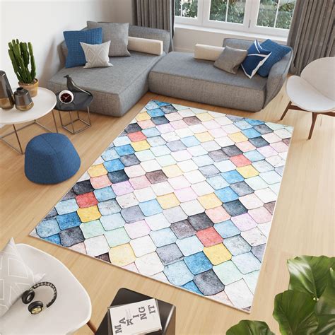 Tapiso Toscana Tapis De Salon Moderne Bleu Couleurs Pastels Mosa Que