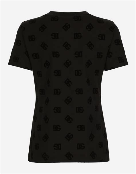 Jersey T Shirt With All Over Flocked Dg Logo In Black For Women Dolceandgabbana® Us