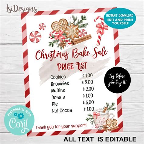 Bake Sale Editable Price List Instant Download Christmas Bake Etsy