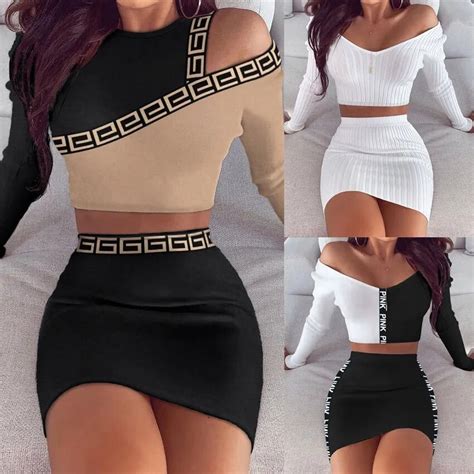 Women Summer Sexy Off Shoulder Two Piece Set Short Skirt Outfits