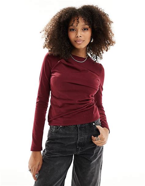 Asos Design Long Sleeve Twisted Top In Burgundy Asos