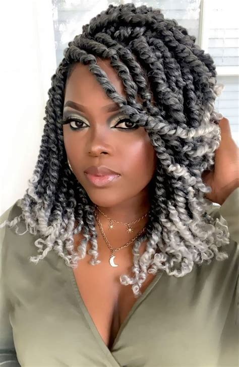 The Bohobabe Pre Twisted Passion Twist Crochet Hair 12 Inch Short Ombre Gray Pre Looped Crochet