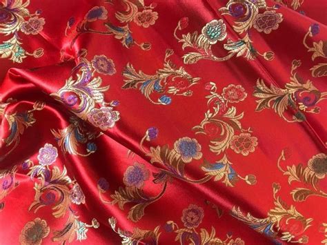 Chinese Satin Brocade In Red One Yard Vivid Red Satin Etsy Brocade