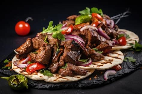 Premium Ai Image Delicious Kebabs Served On A Slate Plate