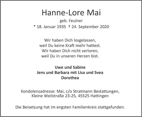 Traueranzeigen Von Hanne Lore Mai Trauer In NRW De