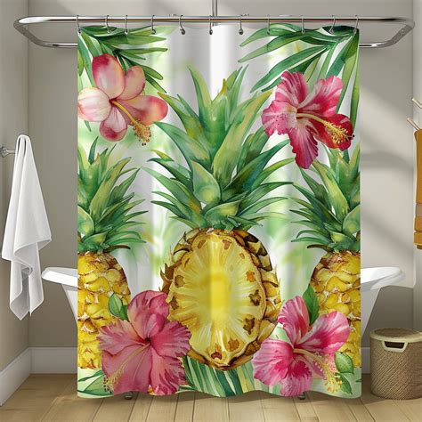 Exotic Tropical Shower Curtain With Pineapples And Hibiscus Flowers