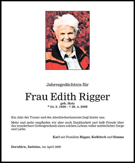 Todesanzeigen Von Edith Rigger Todesanzeigen Vorarlberger Nachrichten