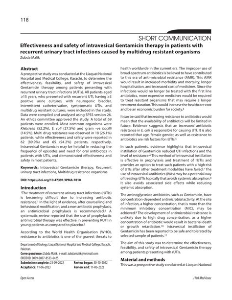 Pdf Effectiveness And Safety Of Intravesical Gentamicin Therapy In