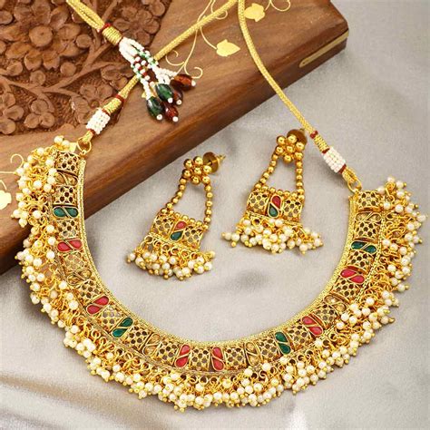 Peora Stylish Party Wear Meena Work Rice Pearl Gold Plated Choker