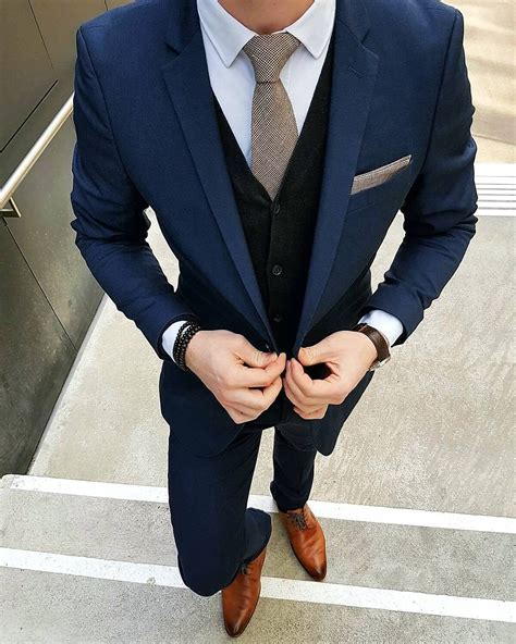 Mens Navy Suit Black Sweater Vest Brown Oxford Shoes Blue Suit Brown Shoes Navy Blue Suit