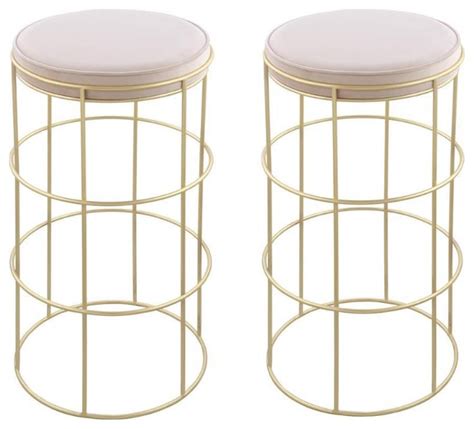 Home Square 2 Piece Metal Rebar Velvet Counter Stool Set In Cream Contemporary Bar Stools