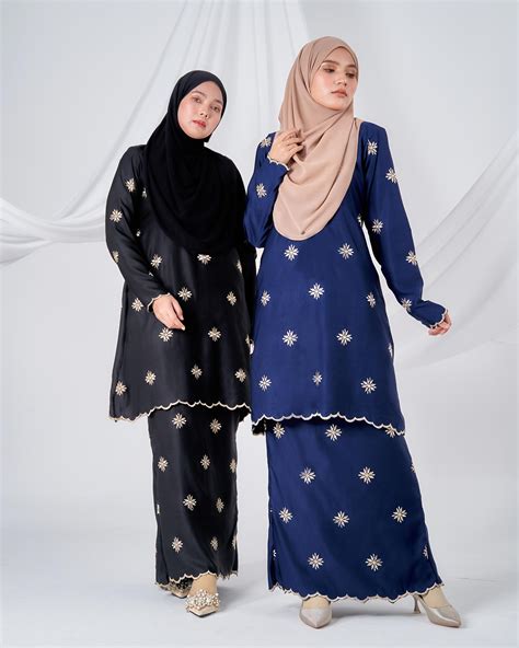 Baju Kurung Sulam Songket Tun Teja Melati Navy Blue Kualiti Designer Harga Luarbiasa