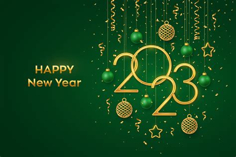 Happy New 2023 Year Hanging Golden Metallic Numbers 2023 With Shining 3d Metallic Stars Balls