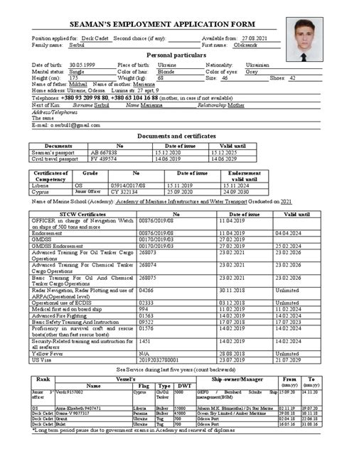 Seaman S Employment Application Form Personal Particulars Pdf Ships Sailor