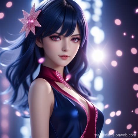 Sparkling Pink Dress 4K Anime Art Of Dark Blue Haired Woman With