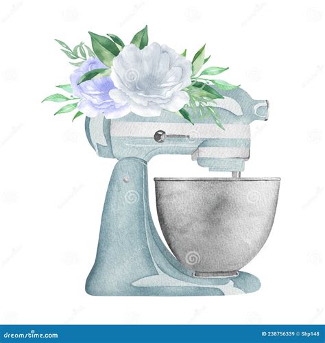 Watercolor Blue Pastry Planetary Mixer With Flowers And Greenery