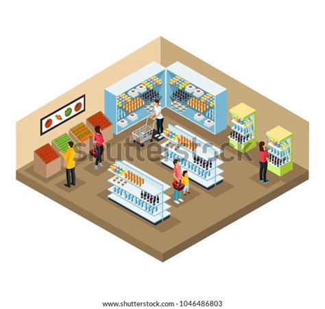 Isometric Supermarket Interior Concept People Choosing Stock Vector