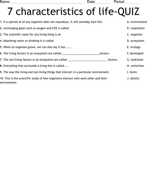 Characteristics Of Life Worksheet