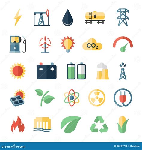 Energy Power Flat Icons Set Of Solar Panels Wind Stock Vector