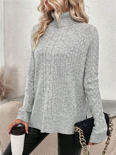 Shein Lune Turtleneck Raglan Sleeve Split Hem Sweater Shein Usa