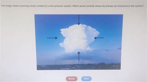 The image shows towering clouds created by a low-pressure system. Which arrow correctly sh [Others]