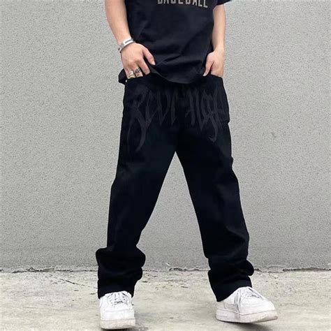 Buy Y2k Emo Mens Fashion Black Streetwear Embroidery Low Rise Baggy Jeans Straight Trousers Hip