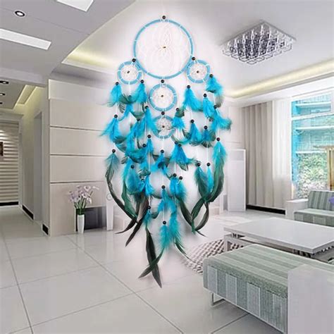 Feather Crafts Blue Dream Catcher Wind Chimes Handmade Dreamcatcher Net