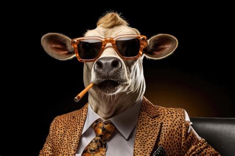 Premium AI Image Screaming A Cigar Cow In Suit And Sunglasses On