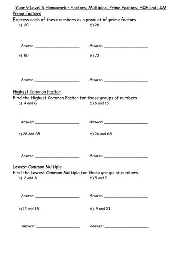 Ks4 Worksheet L5 Hw Prime Factors Hcf And Lcm Teaching Resources