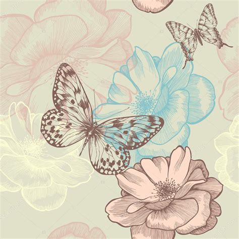 Seamless Floral Pattern With Roses And Butterflies Hand Drawing