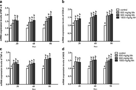 A D The Dose Effect Of Mn On The Mrna Levels Of Nf κb Cox2 Tnf α And