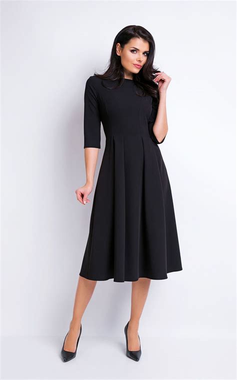 Black Elegant Midi Dress With 34 Sleeves Awama Silkfred Us Black