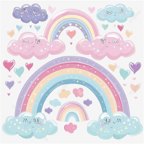 Joli Arc En Ciel Pastel Serti De Nuages Et De Coeurs PNG Griffonnage