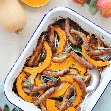 Sausage Squash Apple And Sage Traybake Sausage Tray Bake Sage Sausage Sausage Recipes Pork