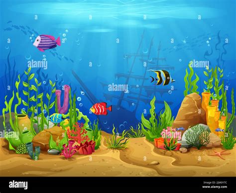 Cartoon Underwater Landscape Game Level Seaweed Corals Fish School