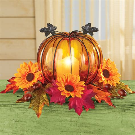 Glass Pumpkin Floral Centerpiece with LED Candle | Collections Etc.