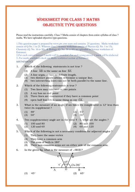 Class 7 Maths Worksheet 1 With Answer Key Physics Wallah