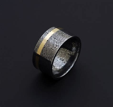 Genuine Stainless Damascus Steel And 18k Yellow Gold Mens Ring Etsy